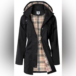 Saphirose Black Hooded Raincoat with Plaid Interior